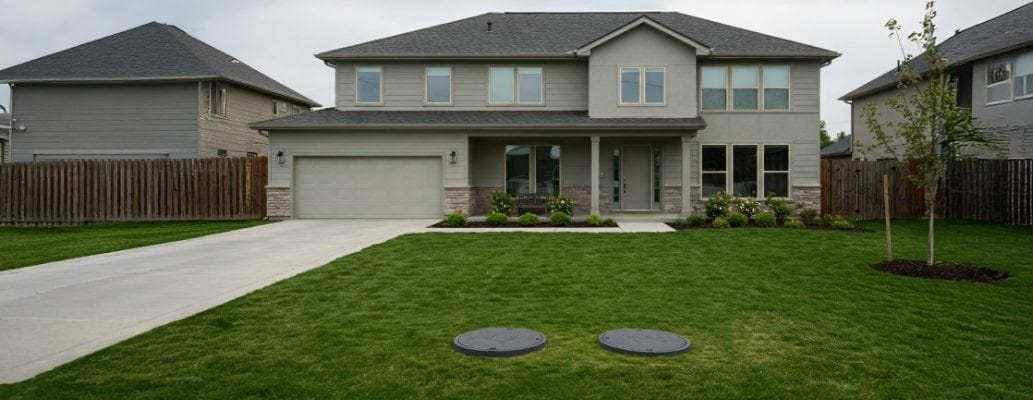 Modern home relying on a septic tank system to treat residential wastewater.